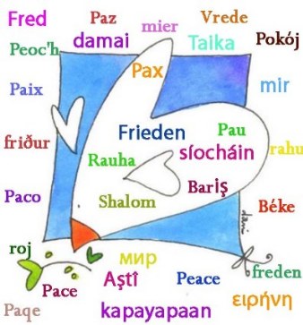 pomba da paz e palabra paz en moitos idiomas