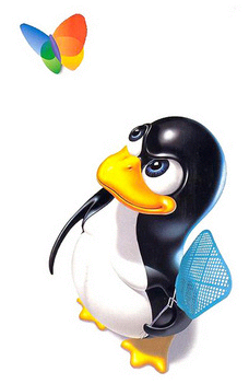 Linux contra Windows
A mascota de Linux (o pingüín Tux) asexando á volvoreta de Microsoft
