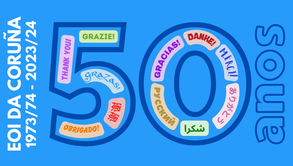 número 50 coa palabra "grazas" nos idiomas da escola dentro