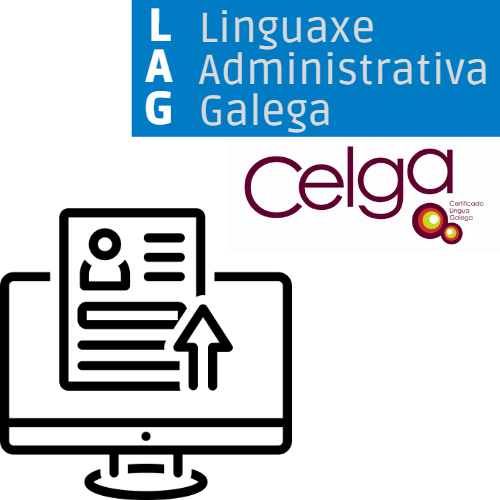 formulario de matrícula nun ordenador e logo CELGA e Linguaxe admininstrativa