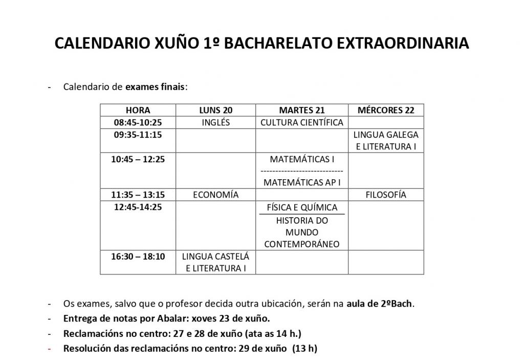 Calendario exames extraordinario 1º Bacharelato xuño 2022