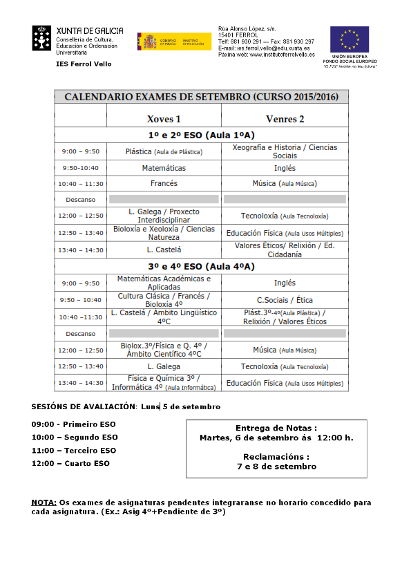CALENARIO EXAMES DE SETEMBRO CURSO 2015/16