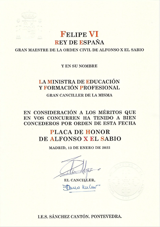 Concesión da Placa de Honra da Orde de Alfonso X, o Sabio