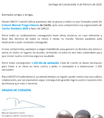 carta de agradecemento de UNICEF Galicia